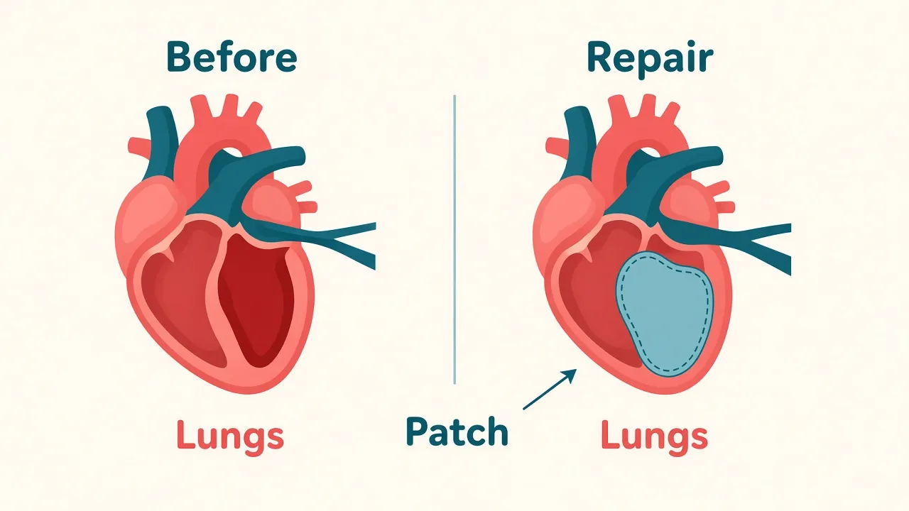 Two hearts labeled Before and Repair, with a patch closing the ventricular opening on the repaired heart