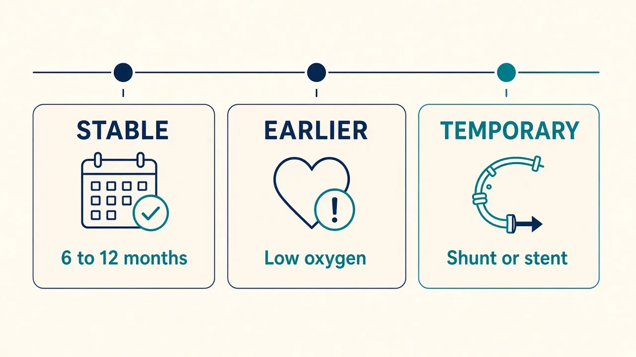 Three cards labeled Stable at 6 to 12 months, Earlier for low oxygen, and Temporary shunt or stent