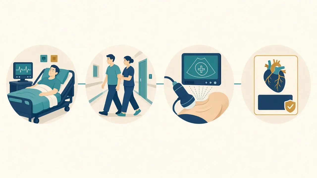 Four steps after valve treatment: a monitored hospital bed, walking with a clinician, an echocardiogram, and a valve identification card