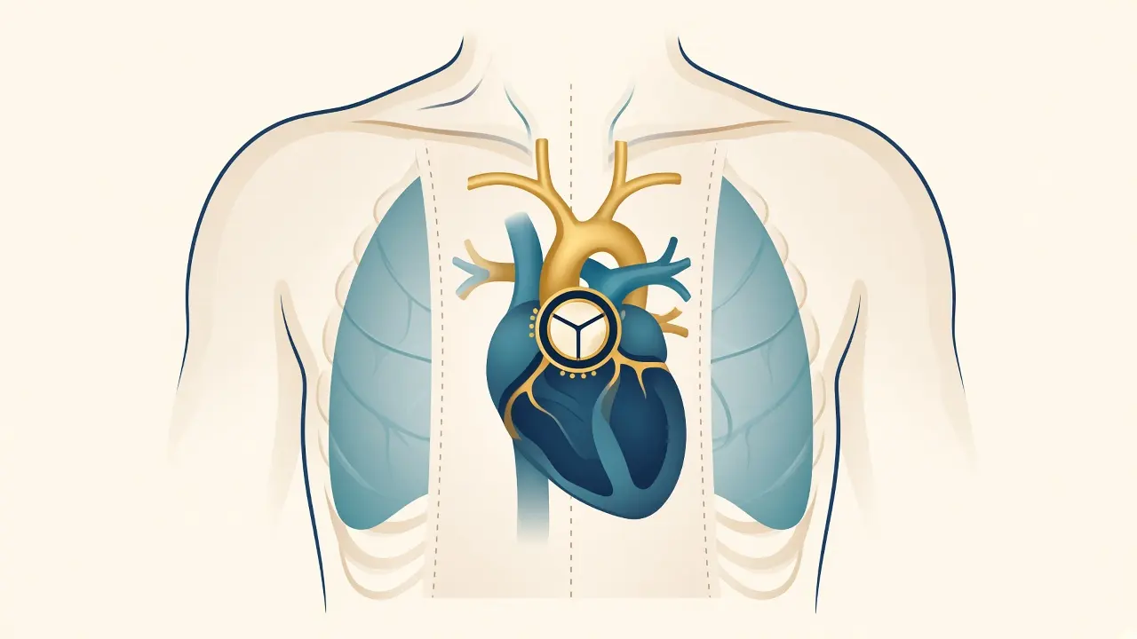 Chest illustration with a replacement valve seated where the aorta leaves the top of the heart