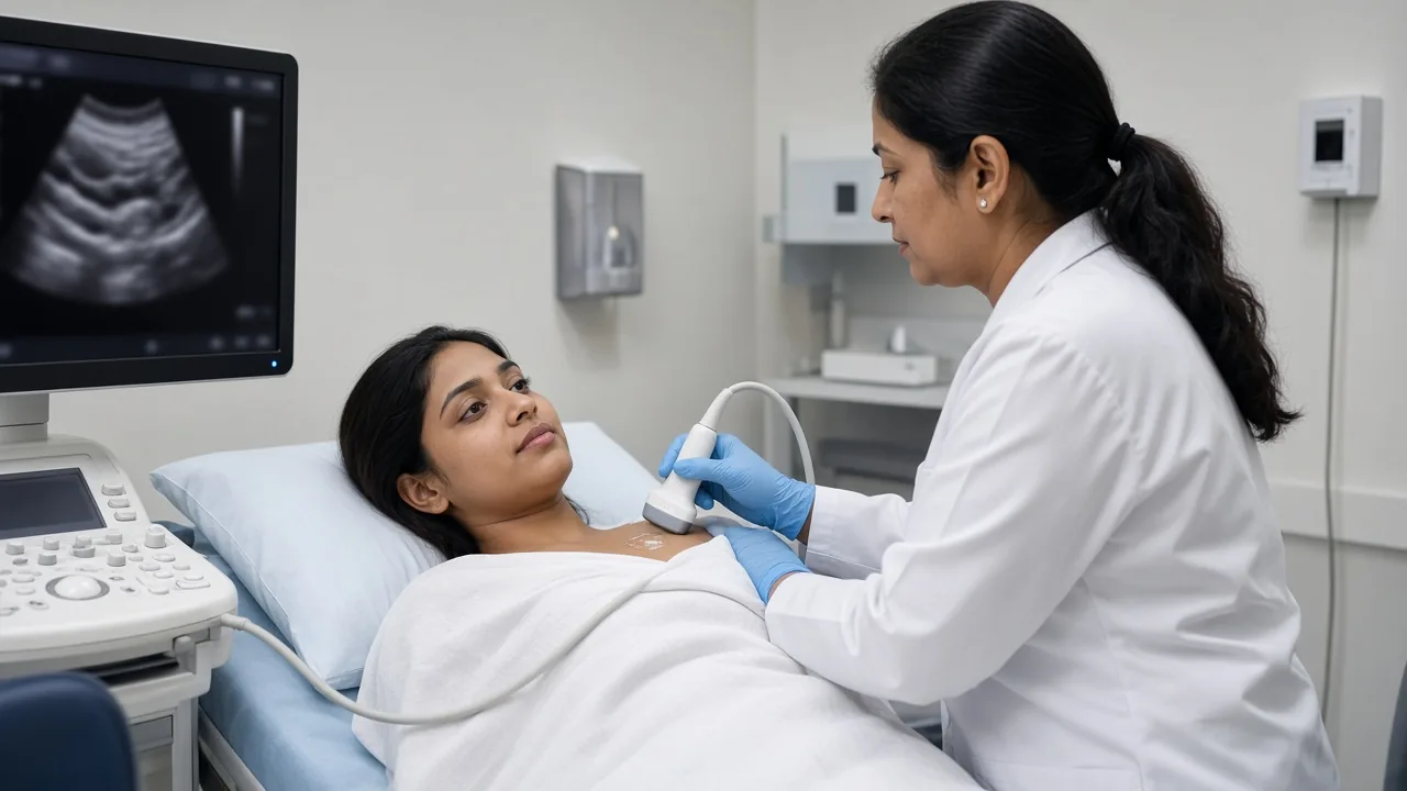 Ultrasound of the chest wall used to evaluate a breast lump in a young woman