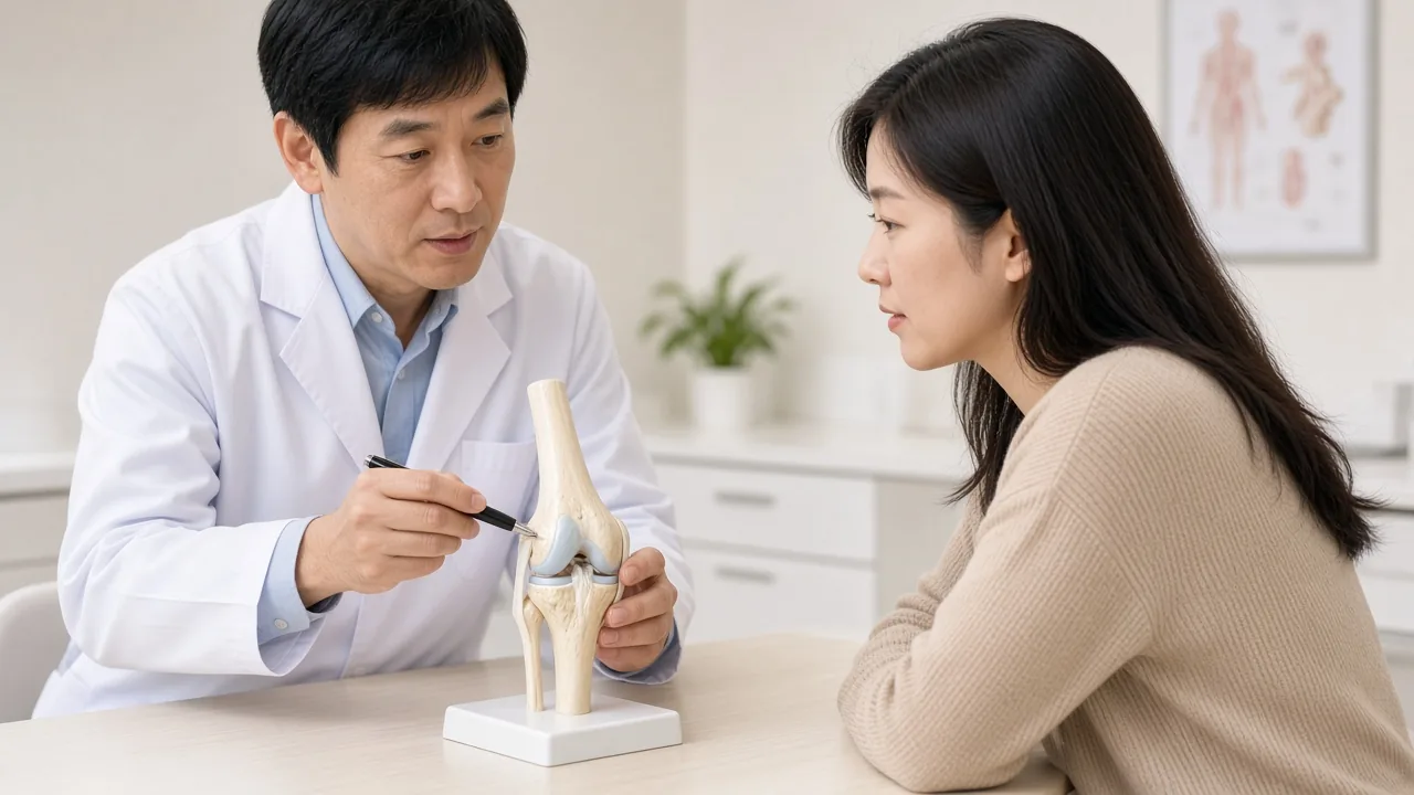 Adult knee joint interior showing a loose cartilage fragment in the joint space and a focal articular-cartilage defect on the femoral condyle