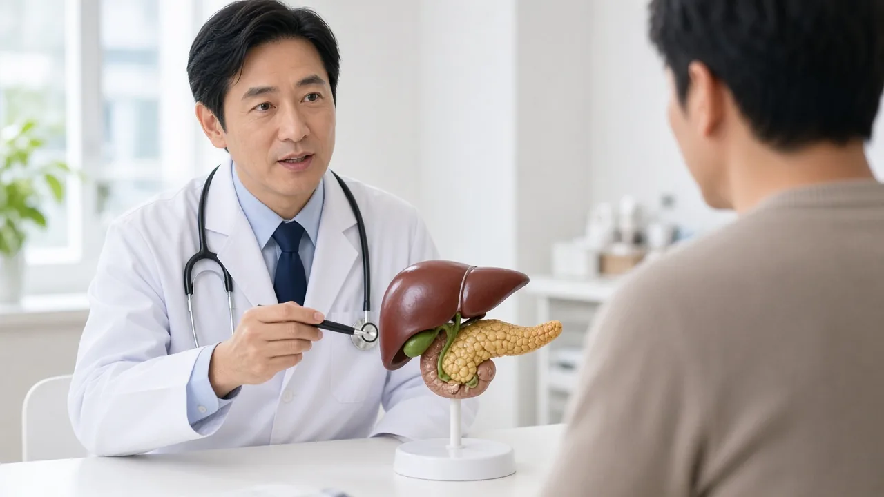 Educational illustration of an unlabeled biliary tree used as the bile-duct cancer surgery hero