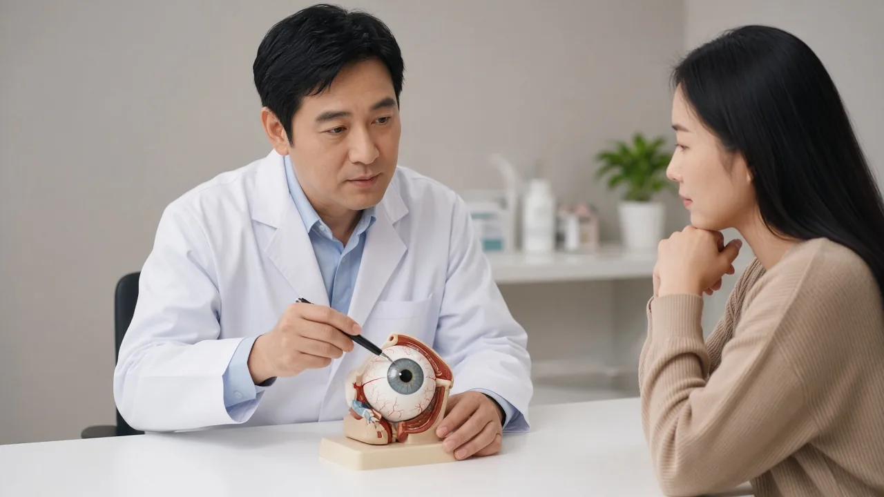Educational illustration distinguishing excess upper-eyelid skin from true eyelid ptosis