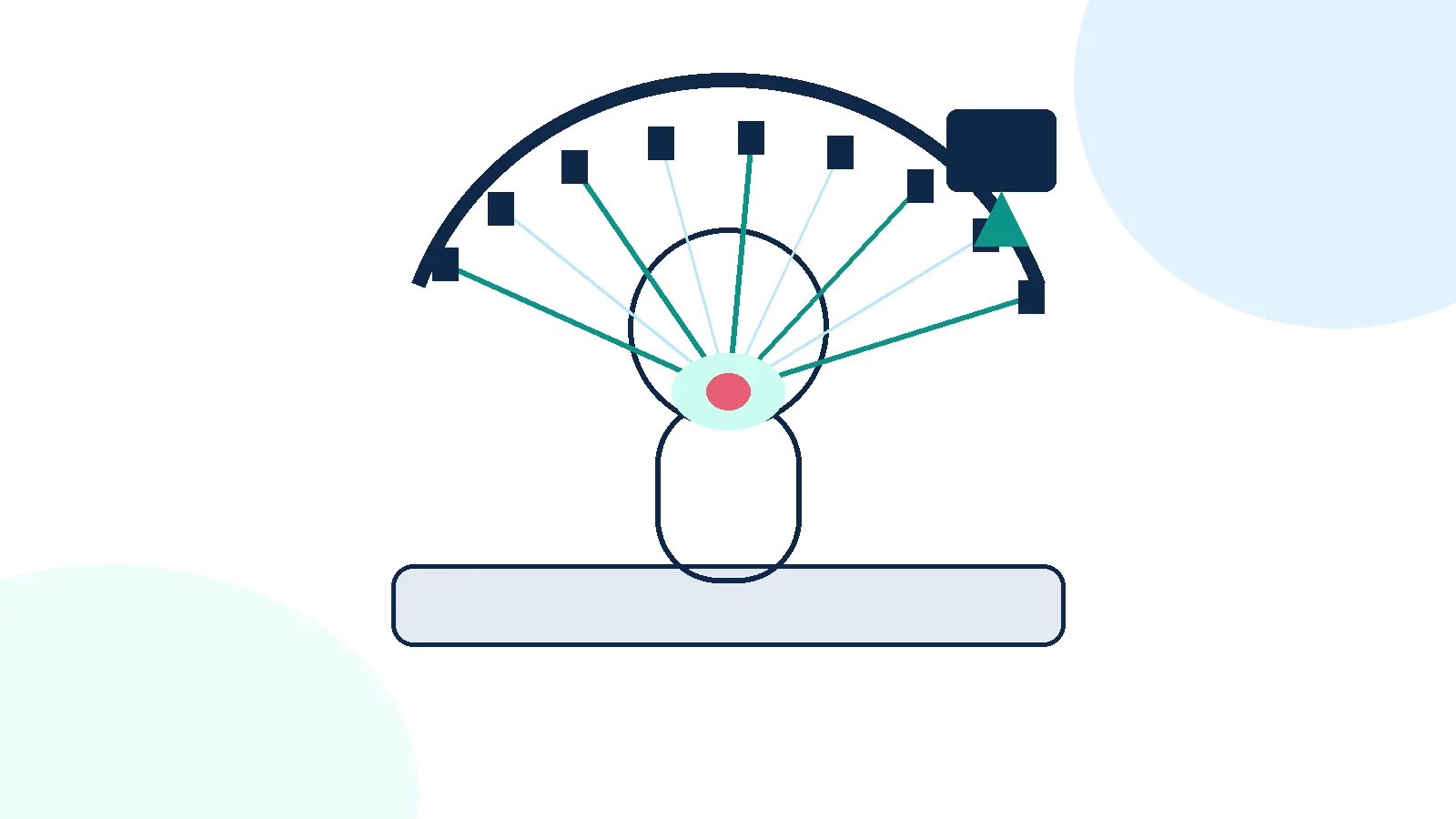 Educational unlabeled schematic of a robotic arm delivering focused stereotactic radiation to a small target