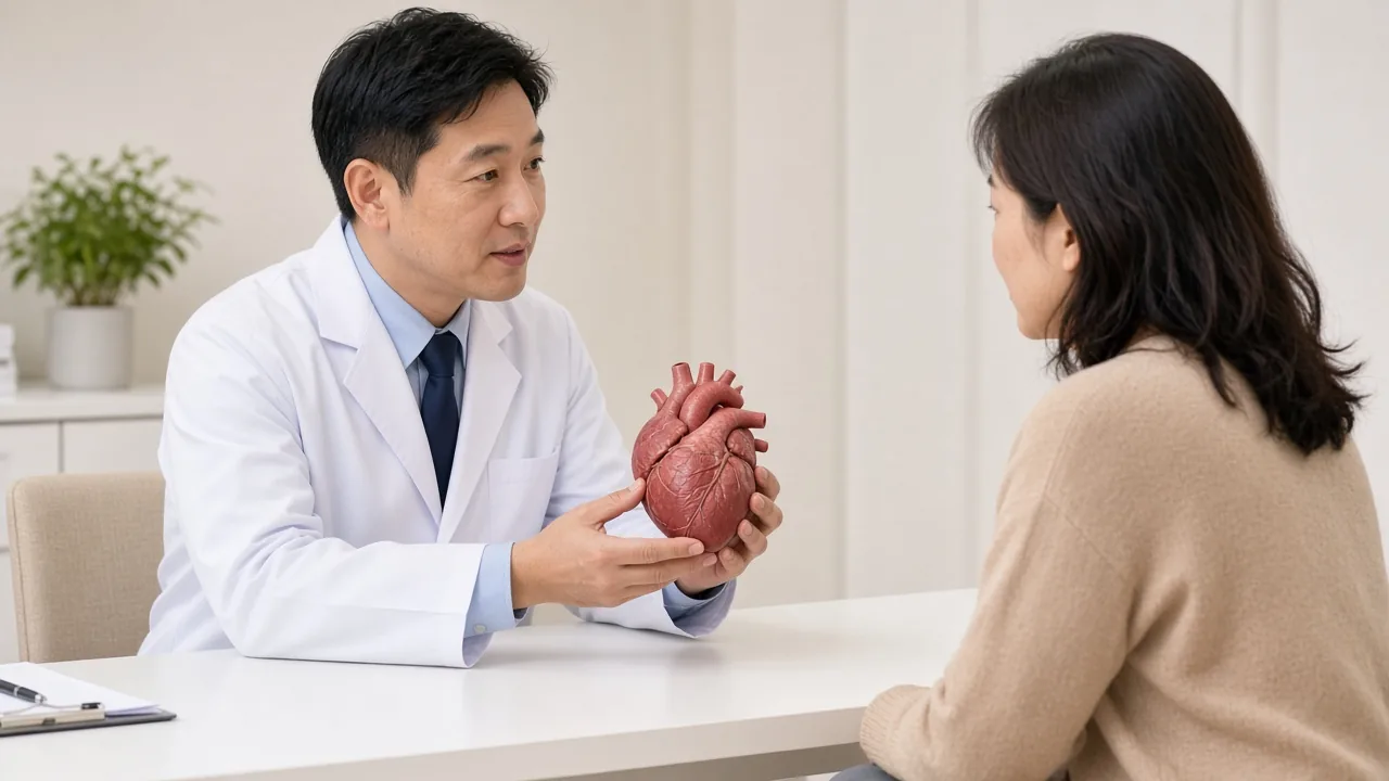 Educational illustration of echo review, team choice, aortic repair, ICU and lifelong imaging
