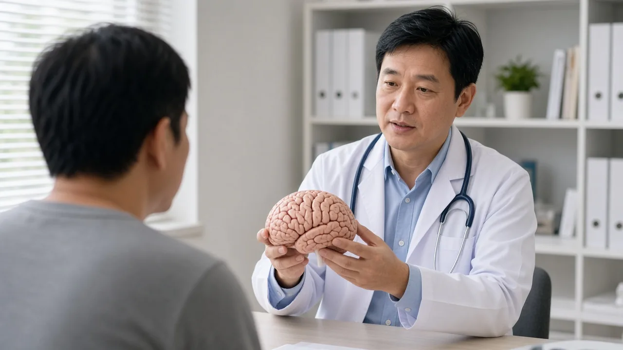 Neurosurgical intensive-care nurse checking neurological status after craniotomy