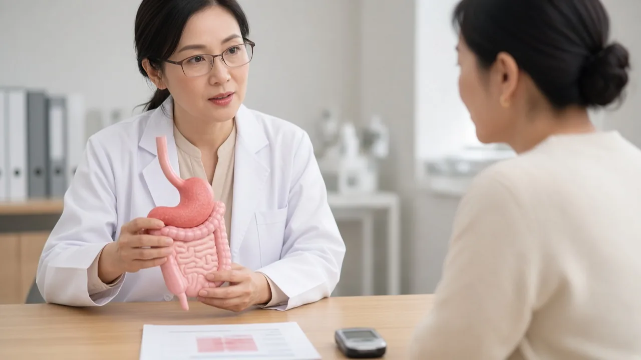 Educational illustration of intake, gut-hormone and follow-up effects after gastric bypass