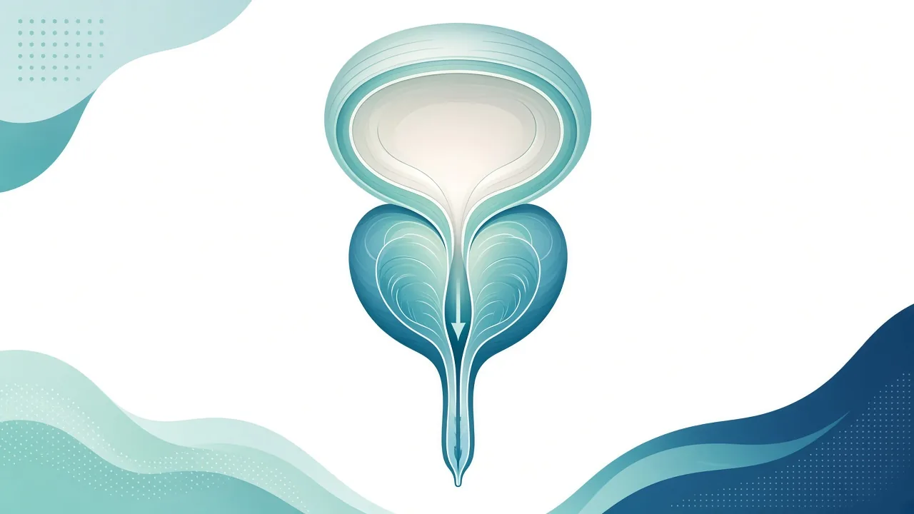 Educational unlabeled schematic of a bladder above an enlarged prostate narrowing the urethra