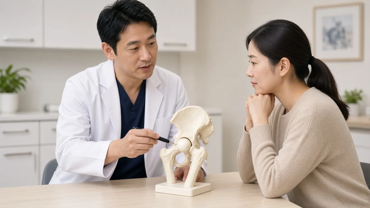 Adult patient performing guided hip range-of-motion physiotherapy after hip arthroscopy, with crutches nearby