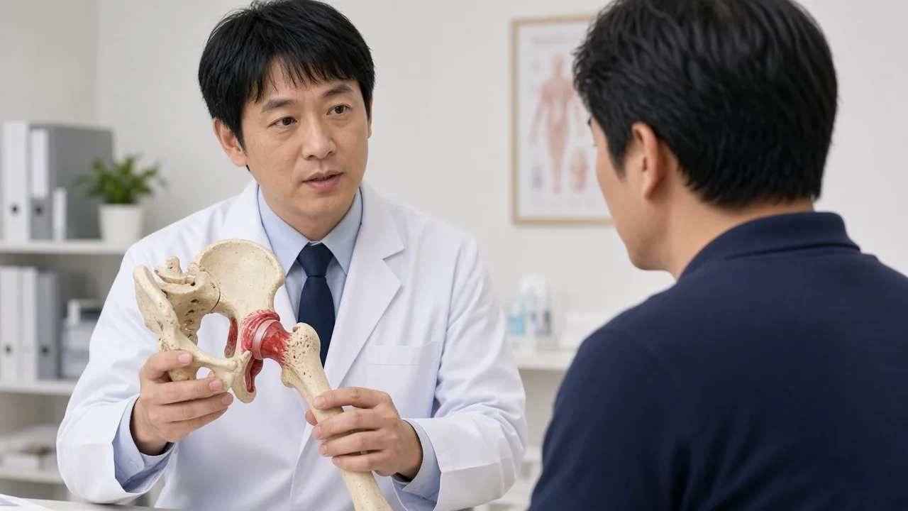 Adult hip anatomical specimen showing cam-type femoroacetabular impingement: a bony bump at the femoral head-neck junction contacting the acetabular rim