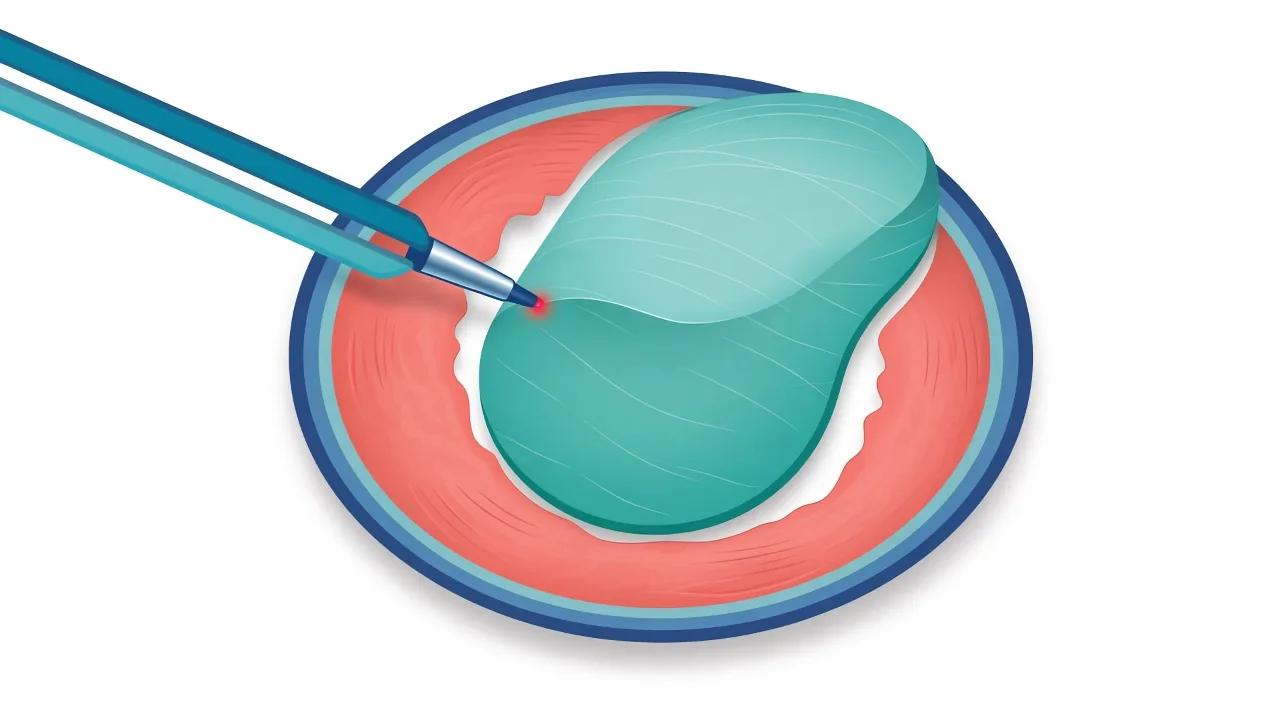 Unlabeled schematic of a laser separating an inner adenoma from the outer prostate capsule