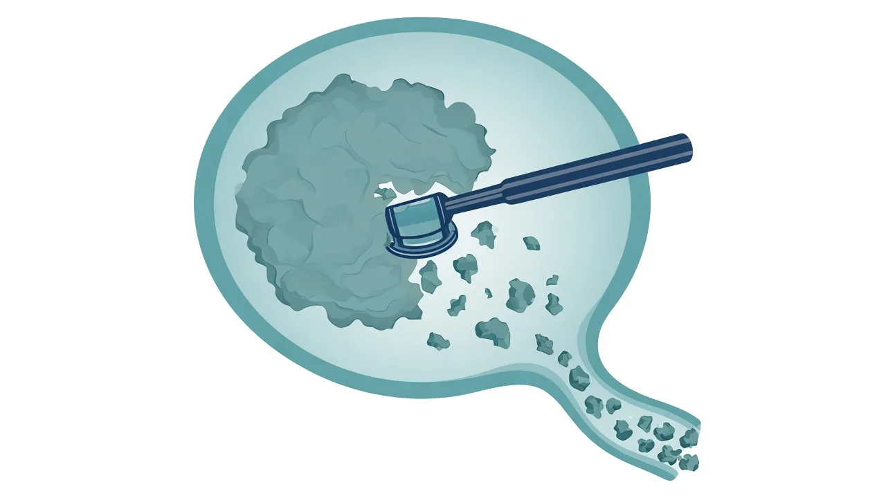 Unlabeled schematic of tissue in the bladder being broken into fragments and removed