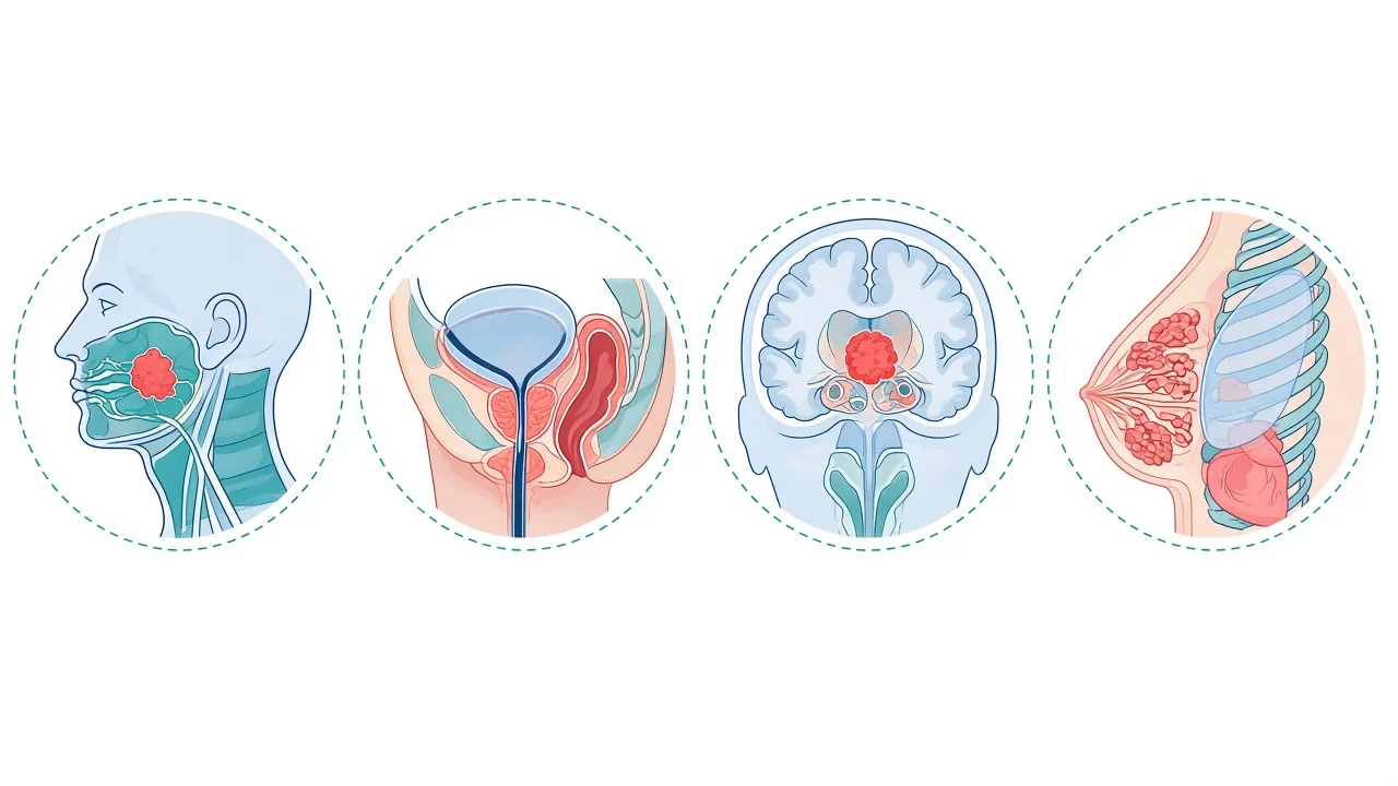 Unlabeled four-panel schematic of head-and-neck, prostate, brain and breast targets near sensitive organs