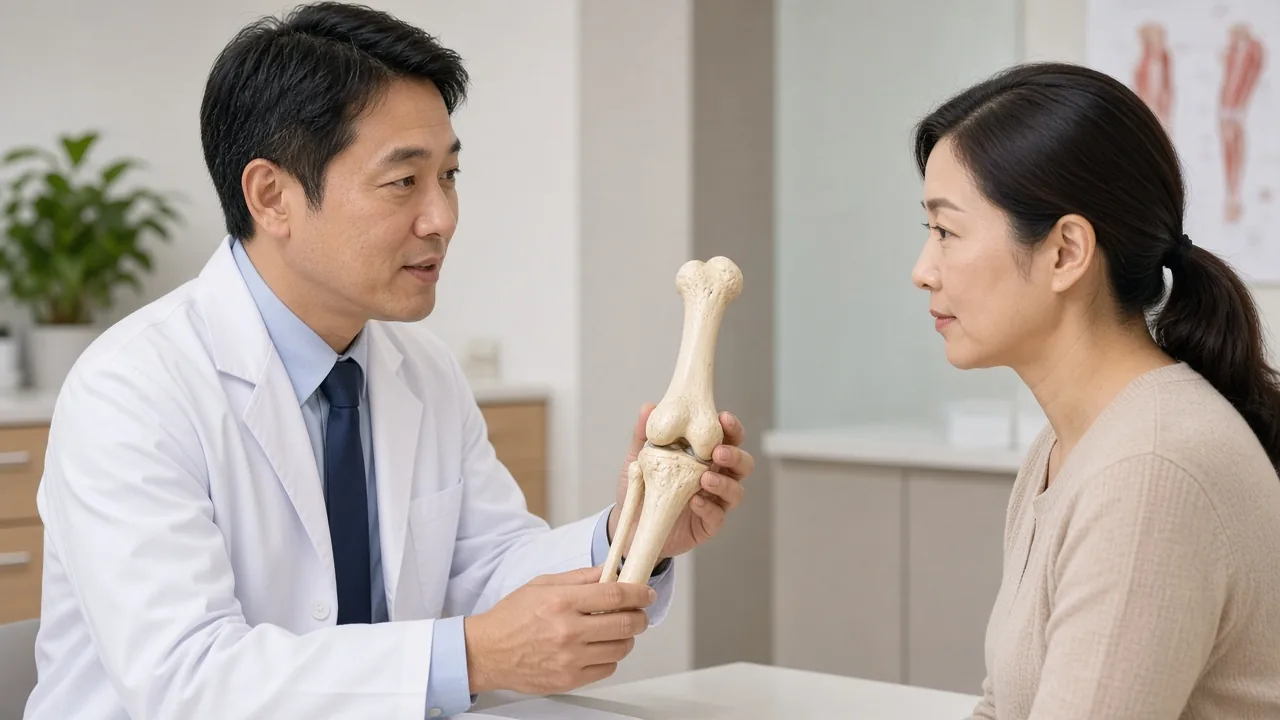 Adult anatomical lower-leg specimen with a circular external ring fixator applied to the tibia for gradual lengthening