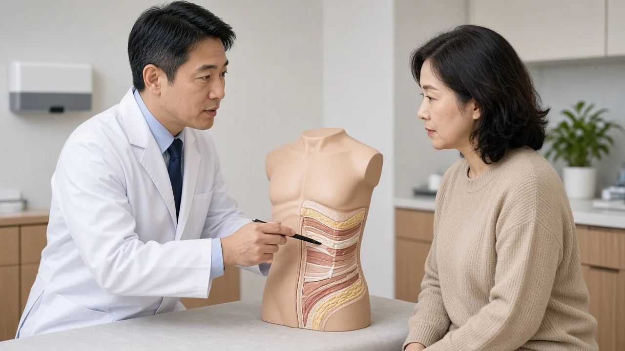 Medical illustration distinguishing subcutaneous fat, which liposuction can treat, from visceral fat around organs, which it cannot