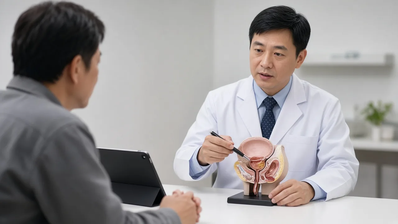 Sagittal medical illustration of the male pelvis showing the bladder, prostate gland and rectum