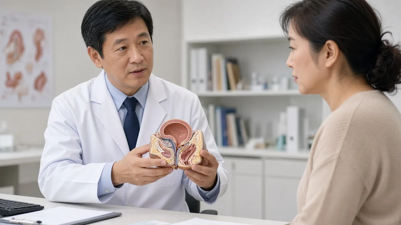 Male patient on a clinic couch with a pelvic organ overlay while a clinician reviews prostate MRI slices