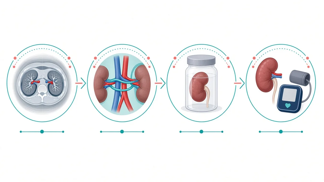 Unlabeled four-step pathway from staging CT to vessel control, specimen and one remaining kidney