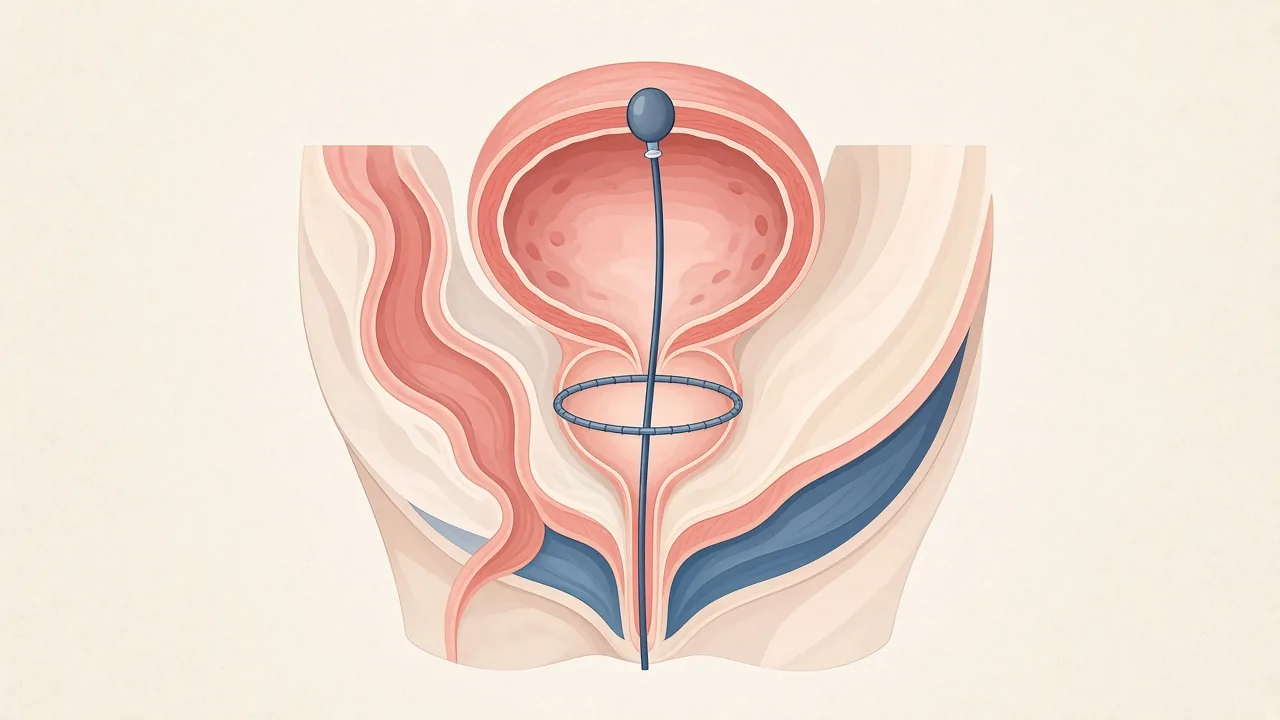 Unlabeled illustration of the bladder reconnected to the urethra after the prostate is removed, with a catheter in place