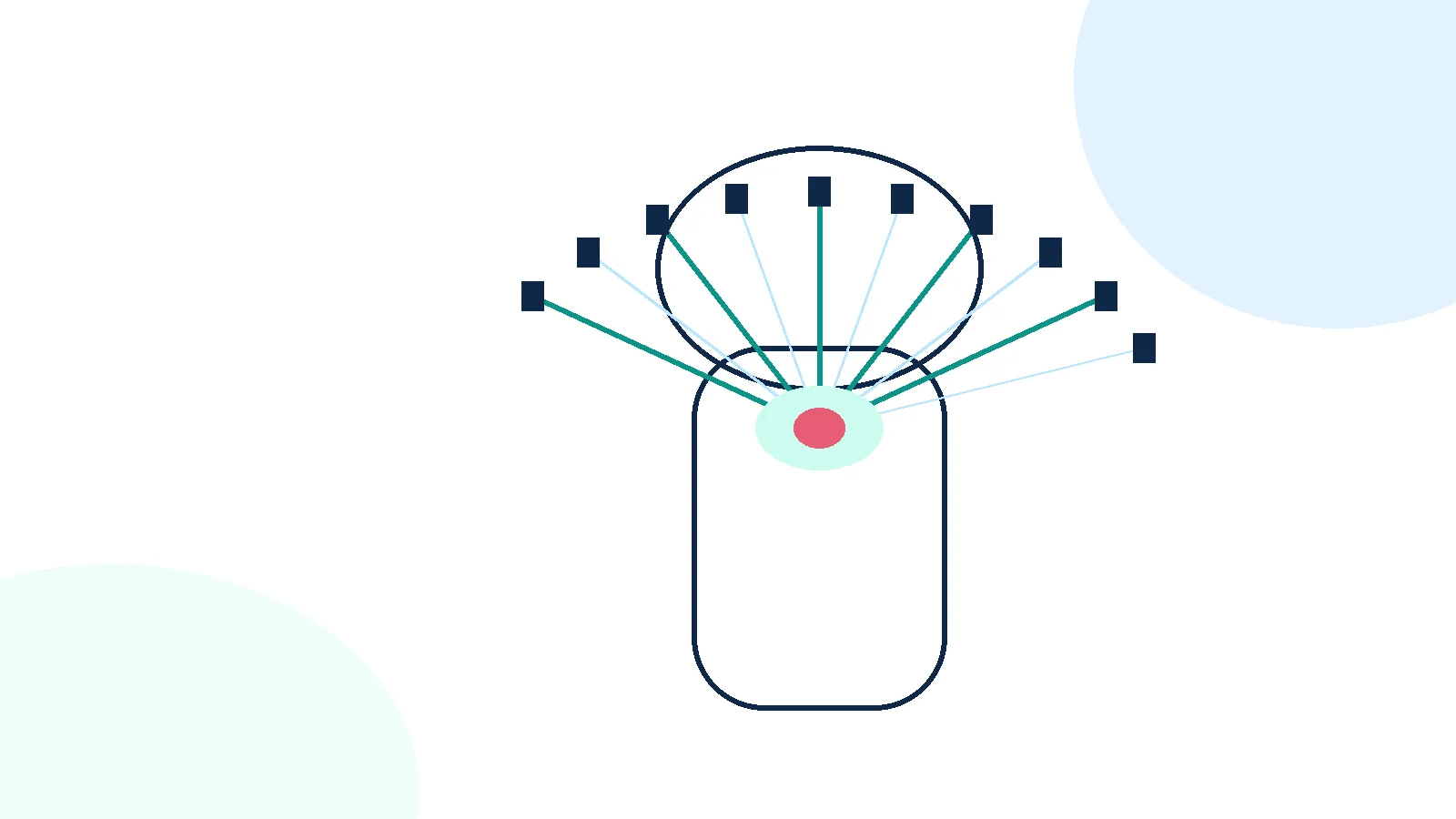 Educational unlabeled schematic of stereotactic body radiation beams converging on a small extra-cranial target